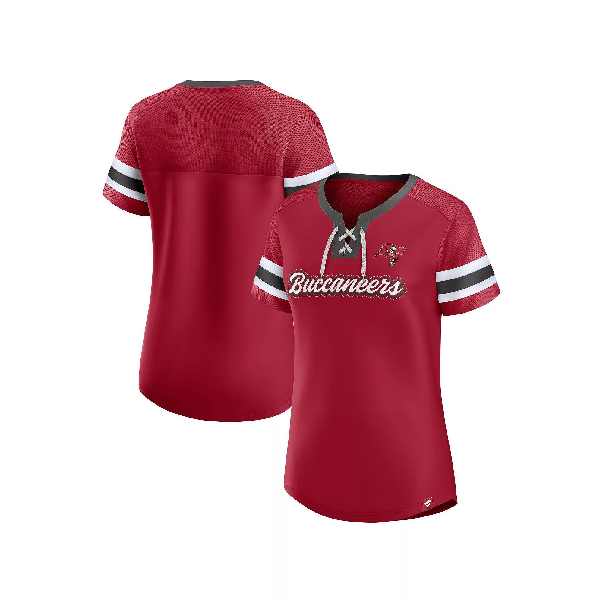 Women's Fanatics  Red Tampa Bay Buccaneers True Catch Iconic Rhinestone Bling Athena Lace-Up T-Shirt, Size: Large Product Image