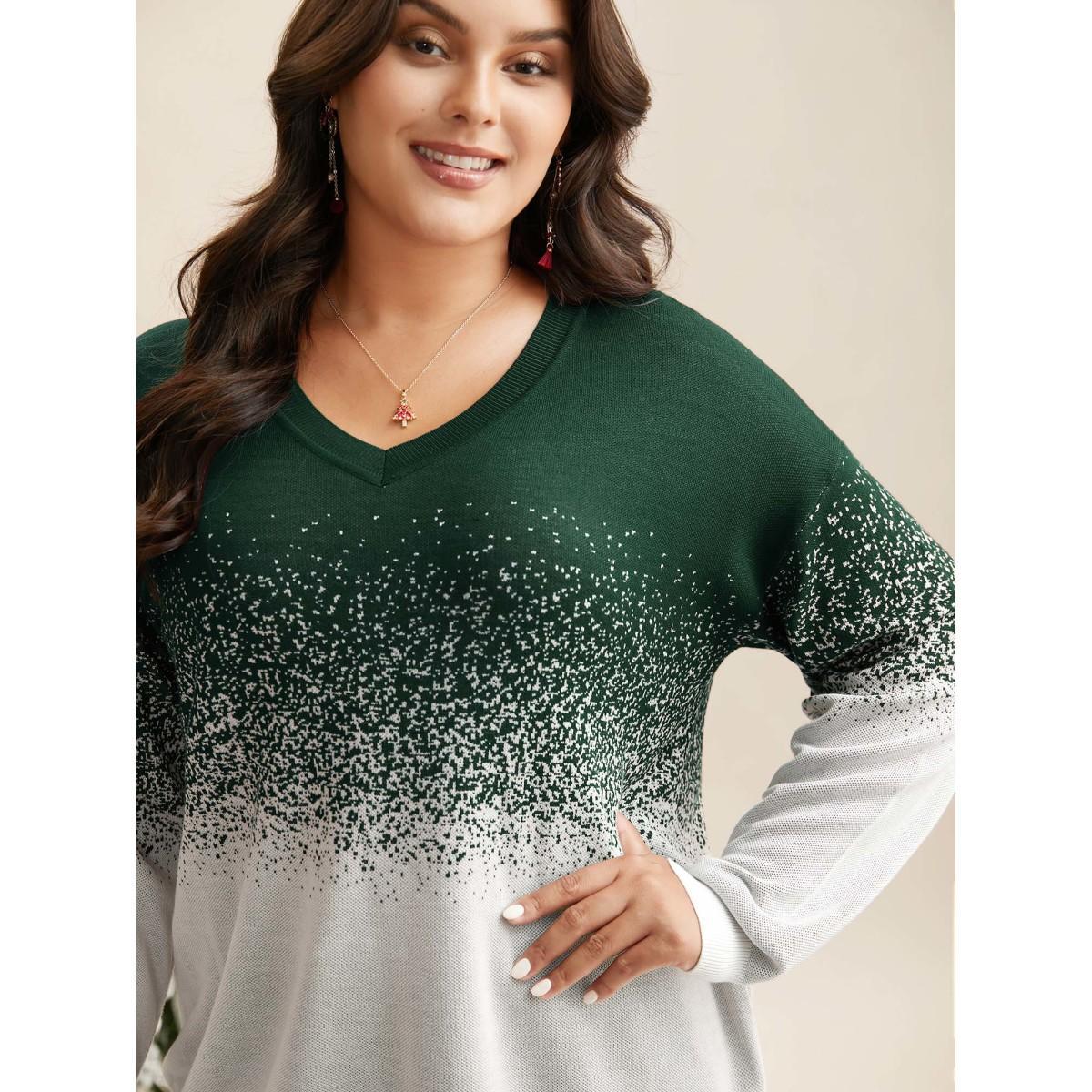 Plus Size Holiday Gradient Jacquard Pattern V-neck Pullover DarkGreen Women Casual Loose Long Sleeve V-neck Everyday Pullovers BloomChic 28/5X Product Image