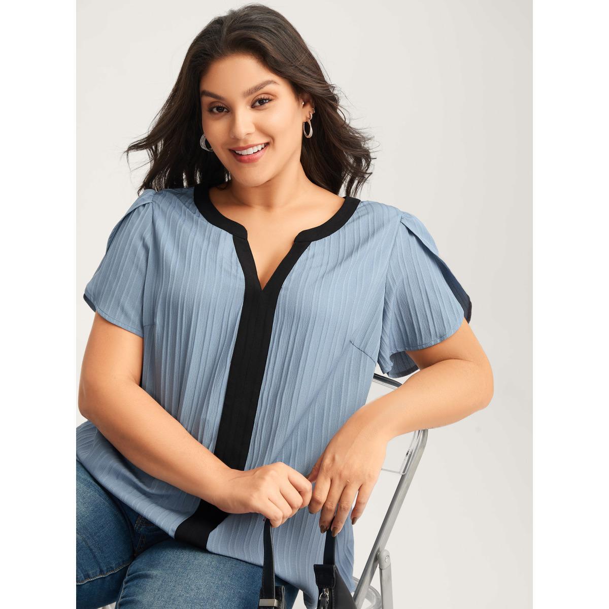 Plus Size Stone Textured Color Contrast Petal Sleeve Blouse Women Short sleeve Flat collar with V-notch Work Blouses BloomChic 12/L Product Image