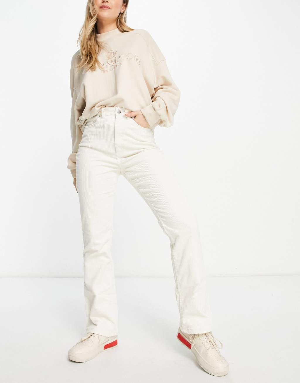 Monki flared leg corduroy pants in beige Product Image