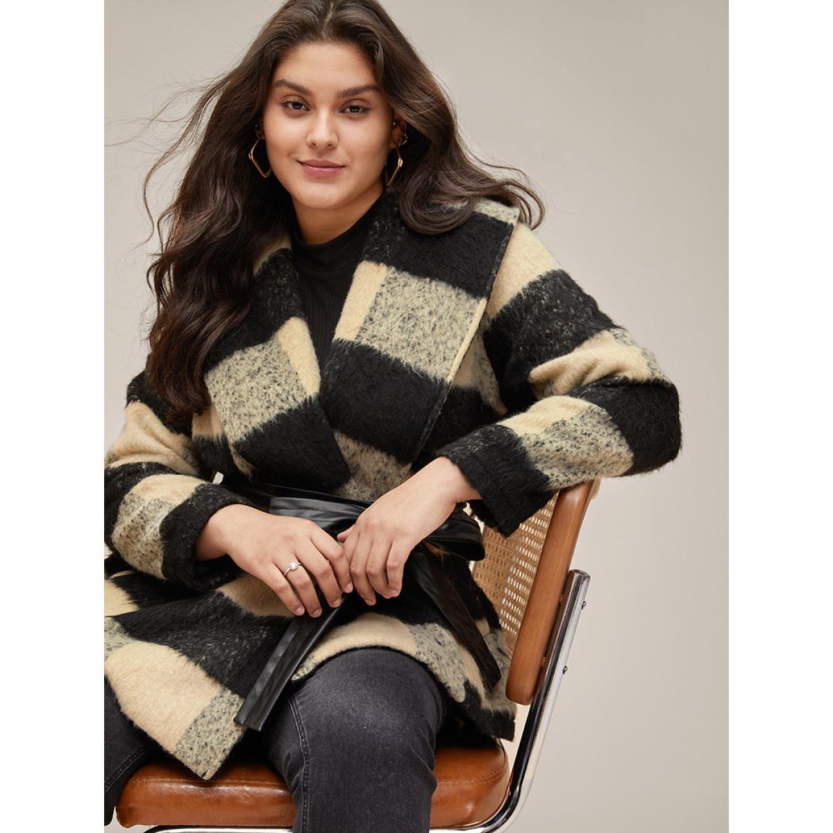 Plus Size Plaid PU Leather Belted Lapel Collar Coat Women Black Casual Lined Ladies Dailywear Winter Coats BloomChic 18-20/2X Product Image
