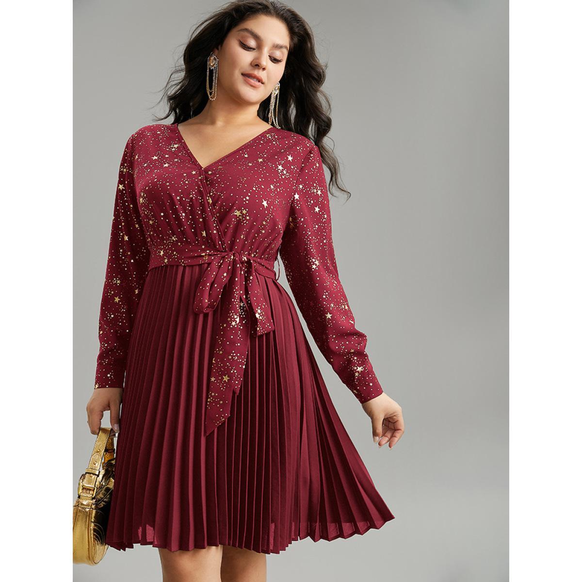 Plus Size Star Glitter Belted Pleated Wrap Dress Burgundy Women Cocktail Belted V-neck Long Sleeve Curvy Midi Dress BloomChic 26/4X Product Image