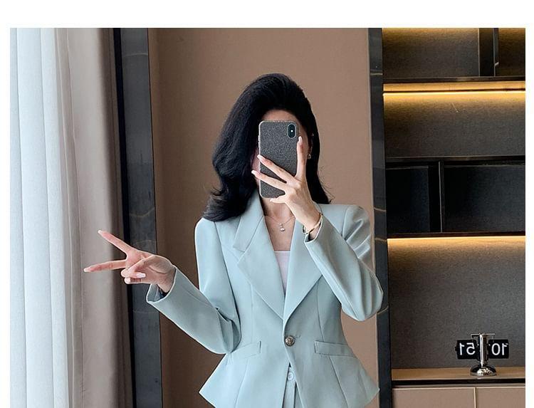 Notch Lapel Plain Single Breasted Blazer / High Waist Cropped Straight Leg Suit Pants / Set Product Image