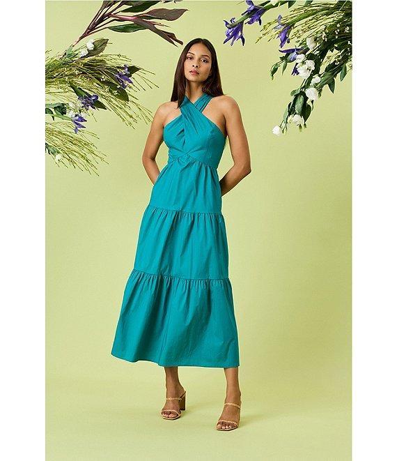 Donna Morgan Poplin Halter Neck Sleeveless A-Line Midi Dress Product Image