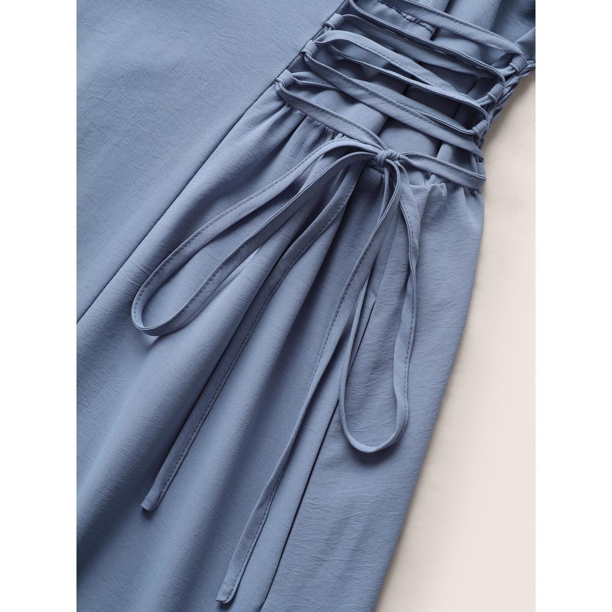 Plus Size V Neck Shirred Gathered Lace Up Dress Stone Women Elegant Wraparound straps V-neck Short sleeve Curvy BloomChic 14-16/1X Product Image