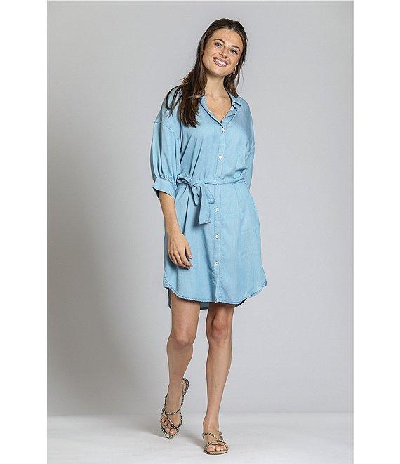 APNY Tencel Spread Collar 3/4 Puff Sleeve Belted Button Front Shirt Dress Product Image
