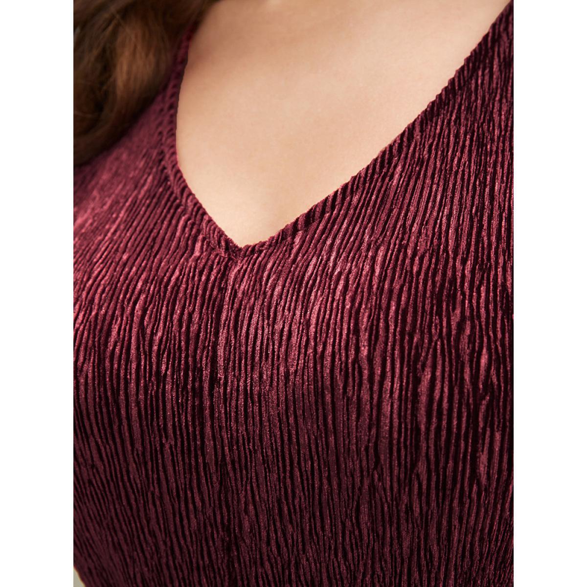 Plus Size Burgundy Glitter Textured Lantern Sleeve Belted Ruffle Blouse Women Party Long Sleeve V-neck Going out Blouses BloomChic 22-24/3X Product Image