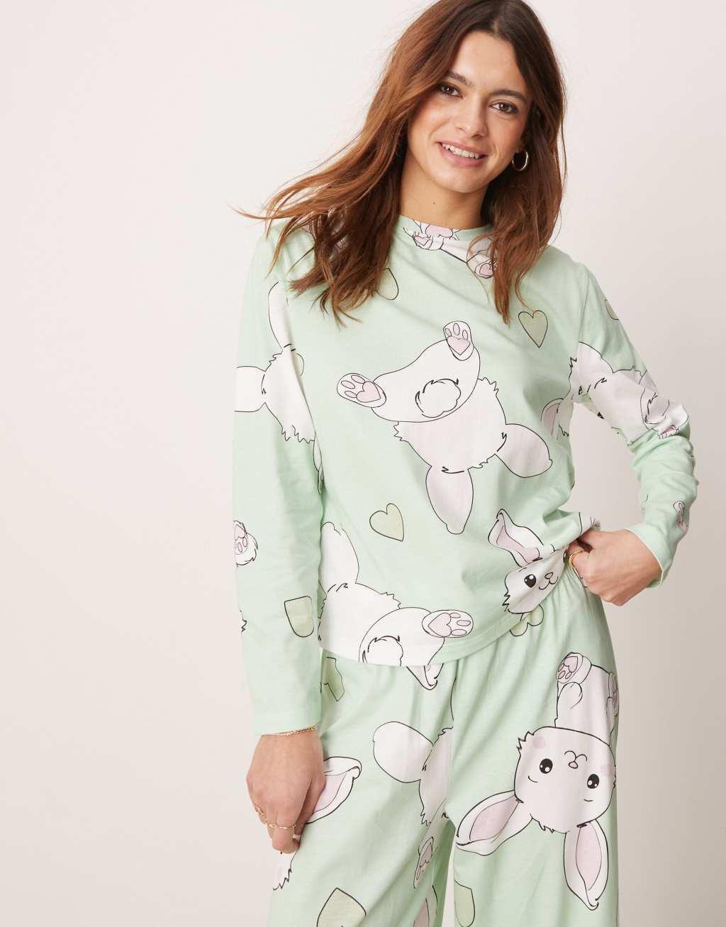 ASOS DESIGN bunny long sleeve top & pants pajama set in gray Product Image