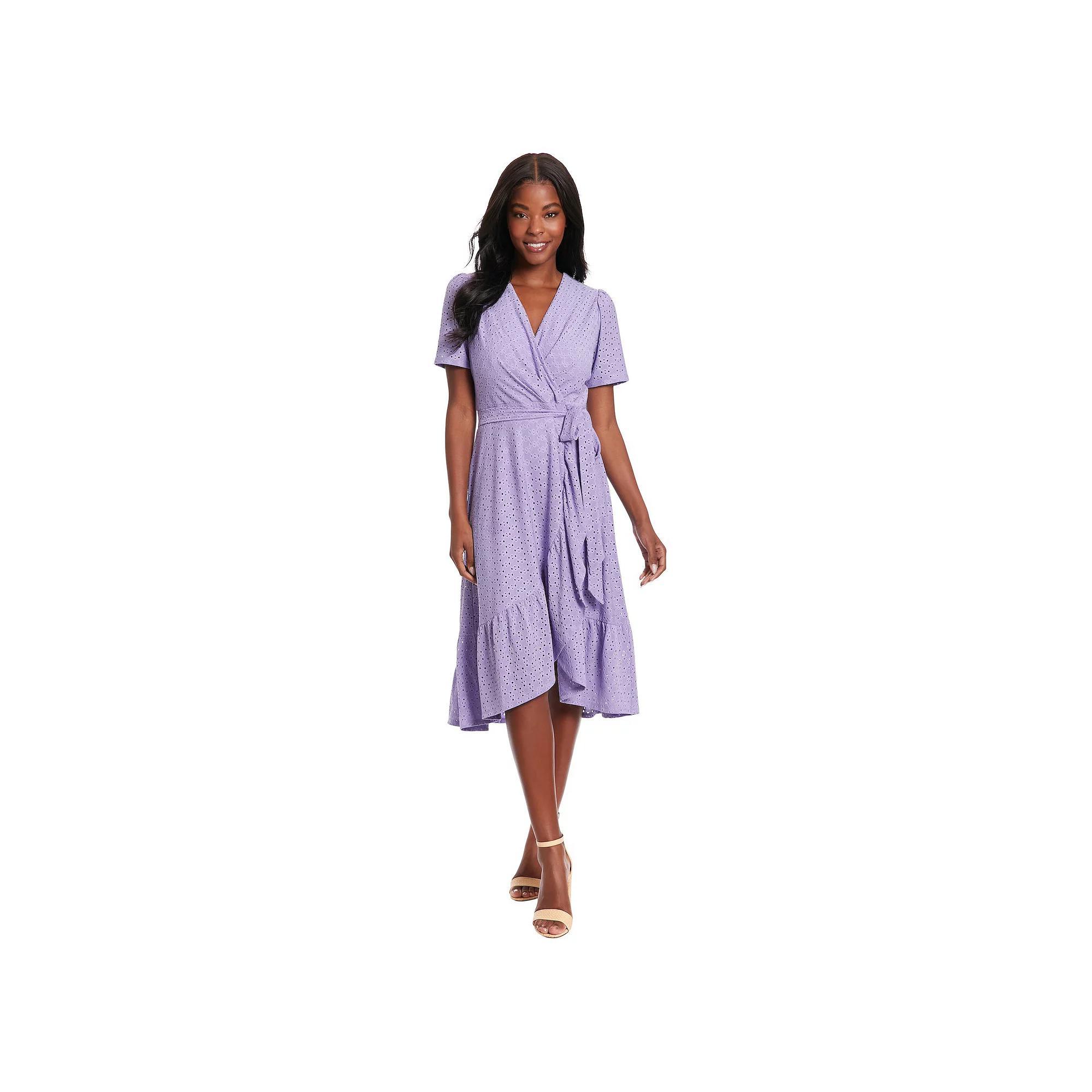 Women's London Times Eyelet Ruffled Wrap Dress, Size: 16, Purple Product Image