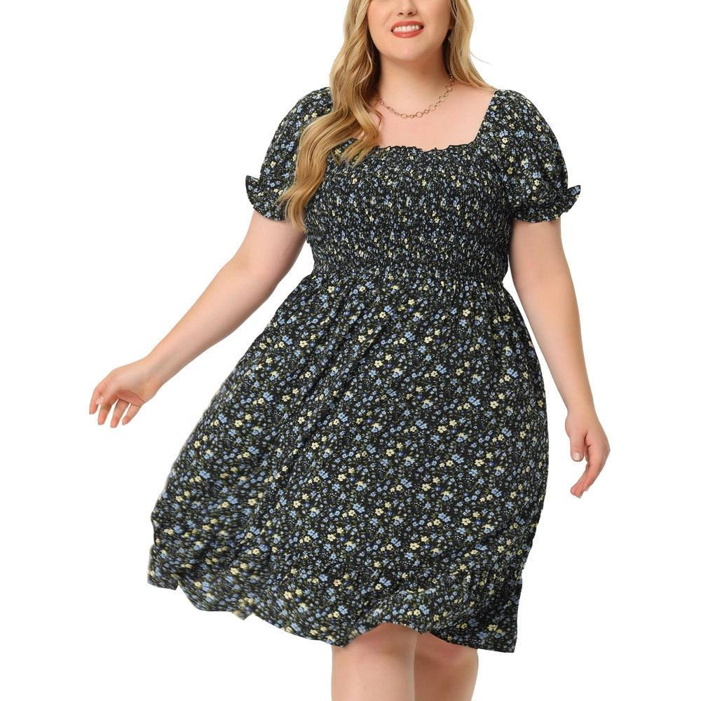 Agnes Orinda Women's Plus Size Smock Ruffle Short Sleeve Floral Flared Flowy Dresses Product Image