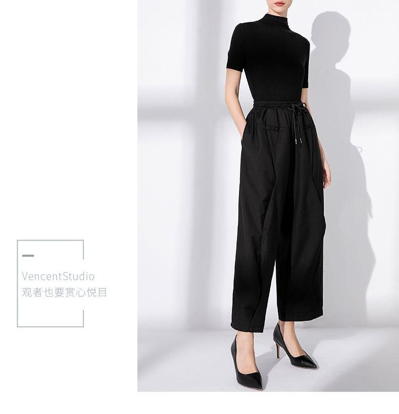 Drawstring Waist Plain Cropped Wide Leg Pants Product Image