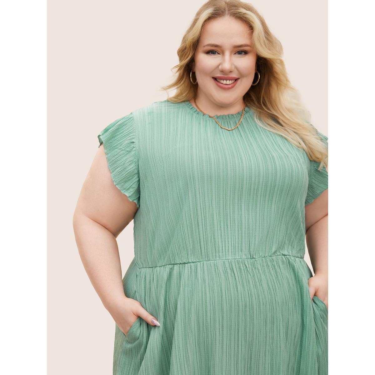 Plus Size Plain Cap Sleeve Ruffles Trim Mock Neck Pocket Dress Mint Women Elegant Pocket Round Neck Short sleeve Curvy Midi Dress BloomChic 22-24/3X Product Image