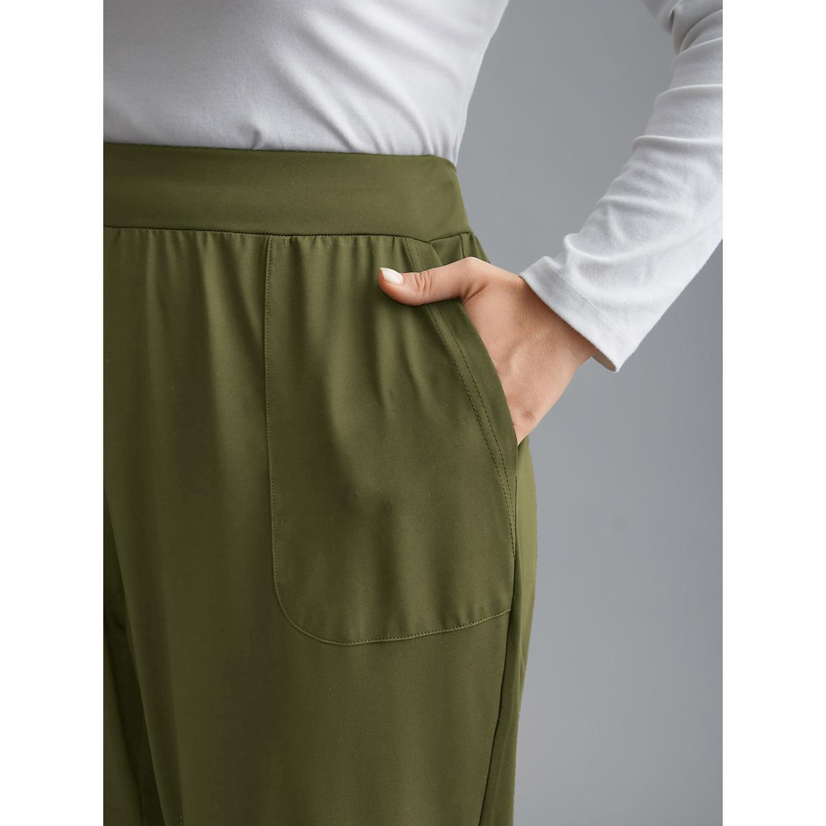Plus Size Elastic Waist Mid-Rise Yoga Jogger Pants Women ArmyGreen Casual Mid Rise Everyday Pants BloomChic 14-16/1X Product Image