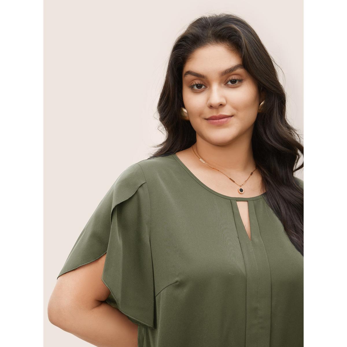Plus Size Moss Solid Keyhole Petal Sleeve Pleated Blouse Women Work From Home Short sleeve Notched collar Work Blouses BloomChic 12/L Product Image