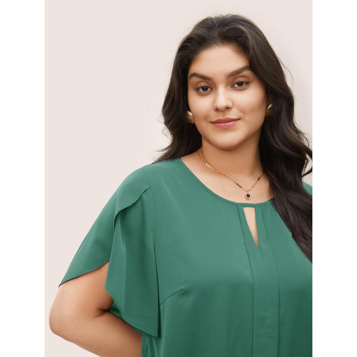 Plus Size Teal Solid Keyhole Petal Sleeve Pleated Blouse Women Work From Home Short sleeve Notched collar Work Blouses BloomChic 26/4X Product Image