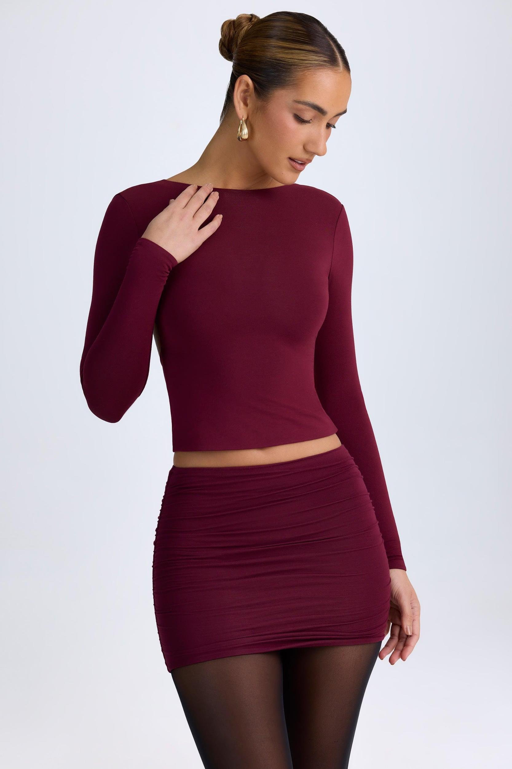 Modal Ruched Mid-Rise Mini Skirt in Wine Red Product Image