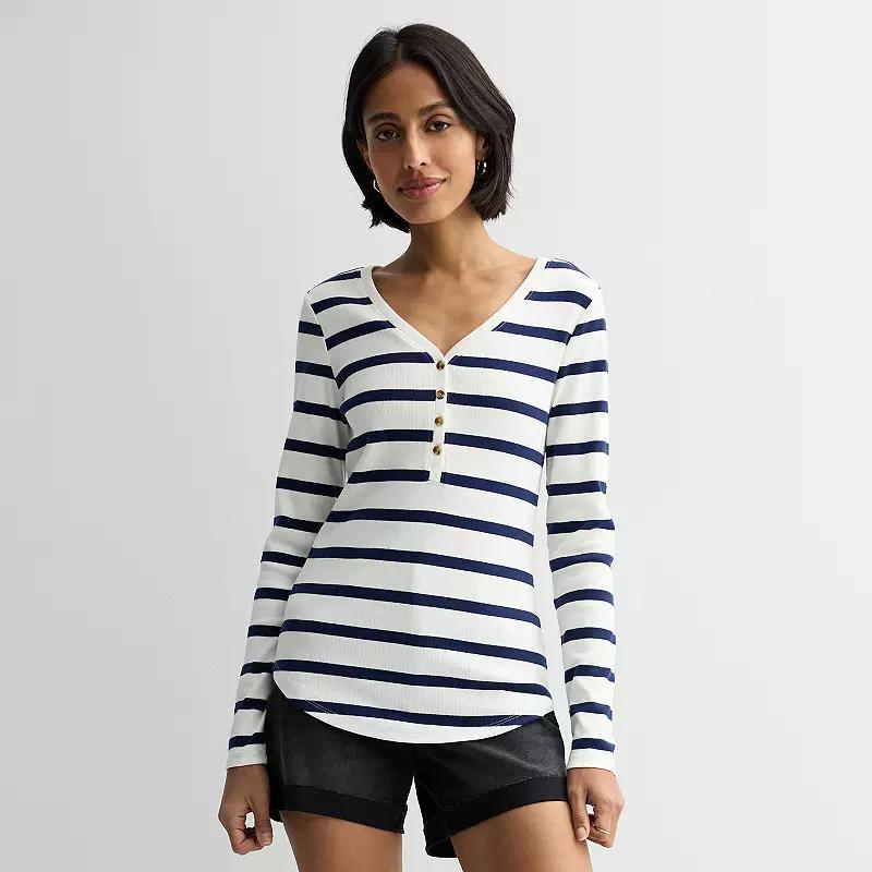 Women's Sonoma Goods For Life® Rib Long Sleeve Henley, Size: XXL, Blue Brown Stripe Product Image