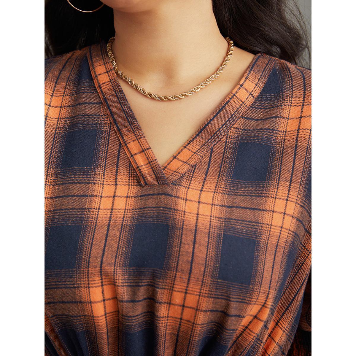 Plus Size Plaid Shirred Ruffles Pocket Dress Orange Women Elegant Printed V-neck Short sleeve Curvy Midi Dress BloomChic 30/6X Product Image