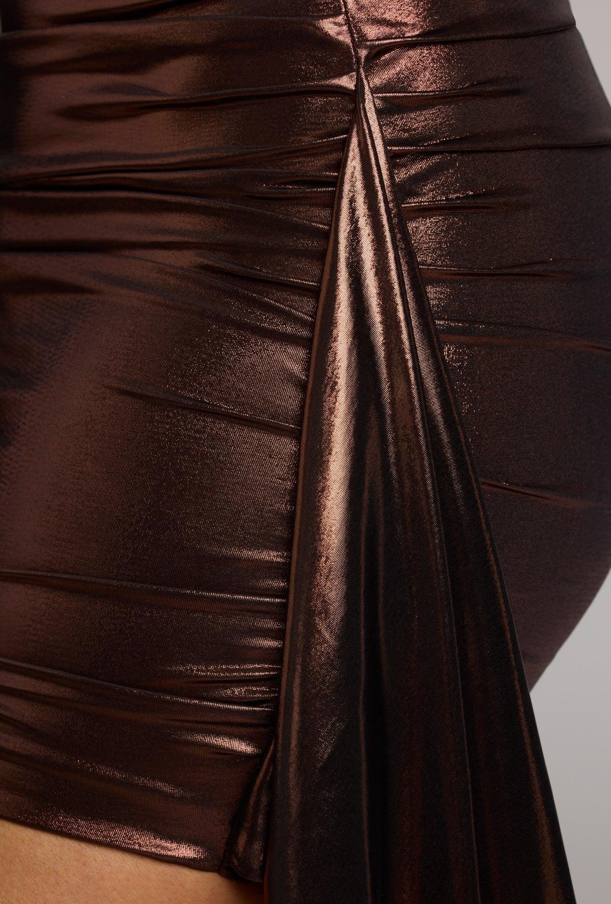 Cut Out Metallic Jersey Mini Dress in Copper Bronze Product Image