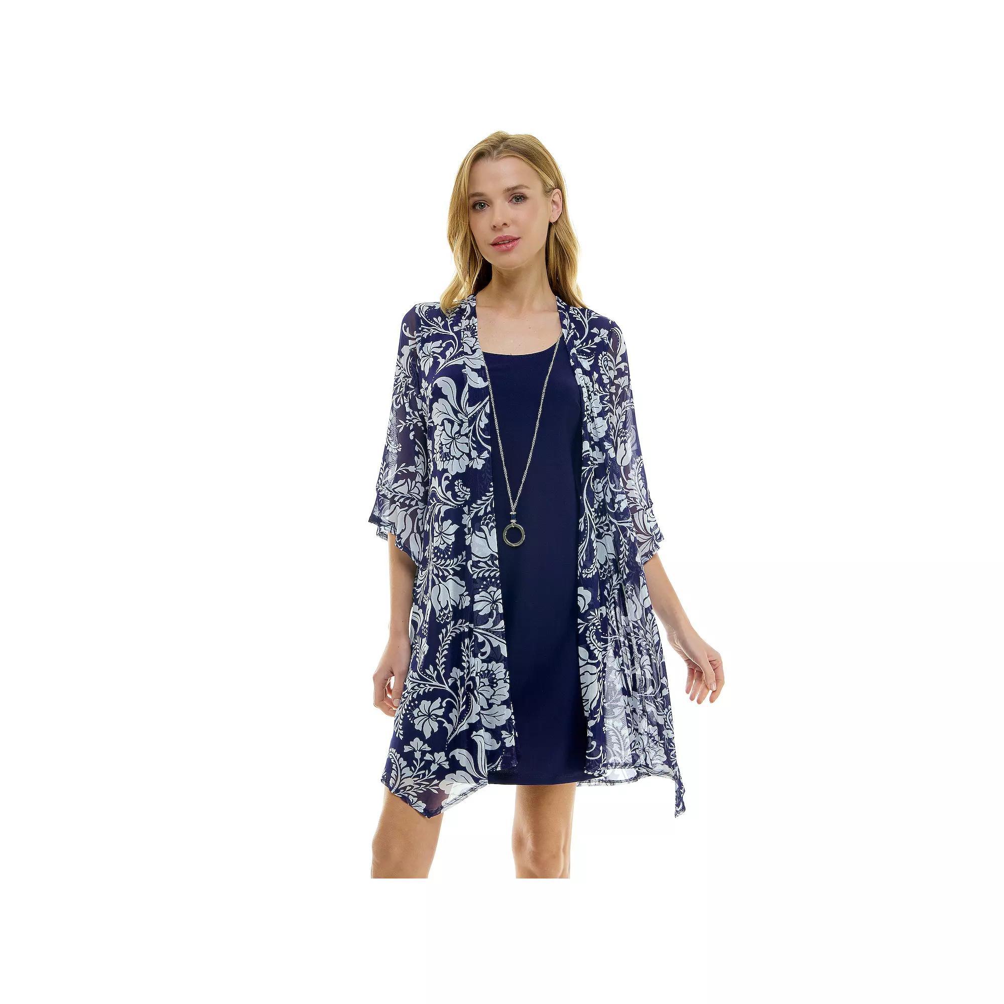 Women's Luxology 2-Piece 3/4 Bell Sleeve Cardigan & Dress Set, Size: Medium, Navy Ivory Product Image