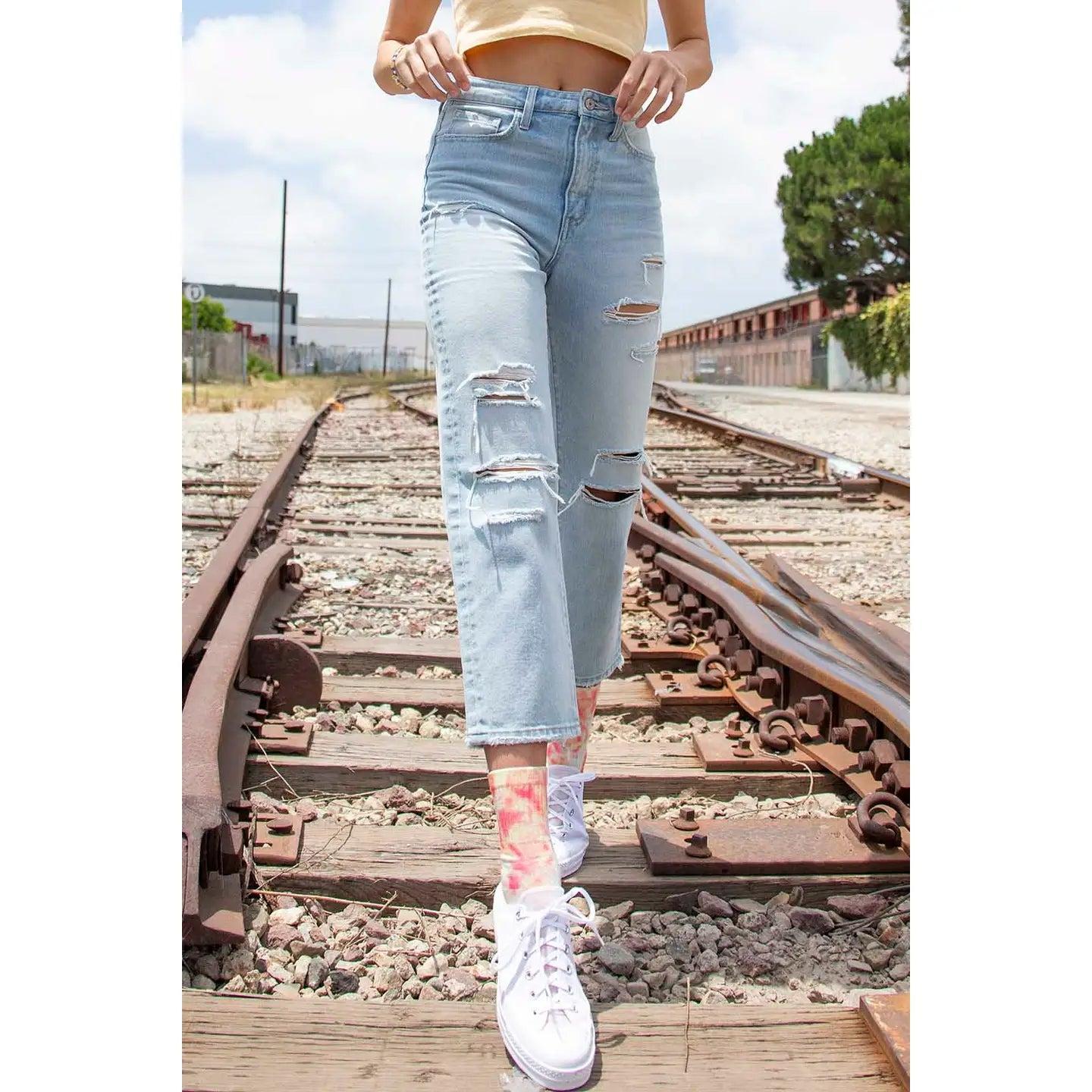 Vervet Super High Rise Distressed Crop Straight Jeans Product Image