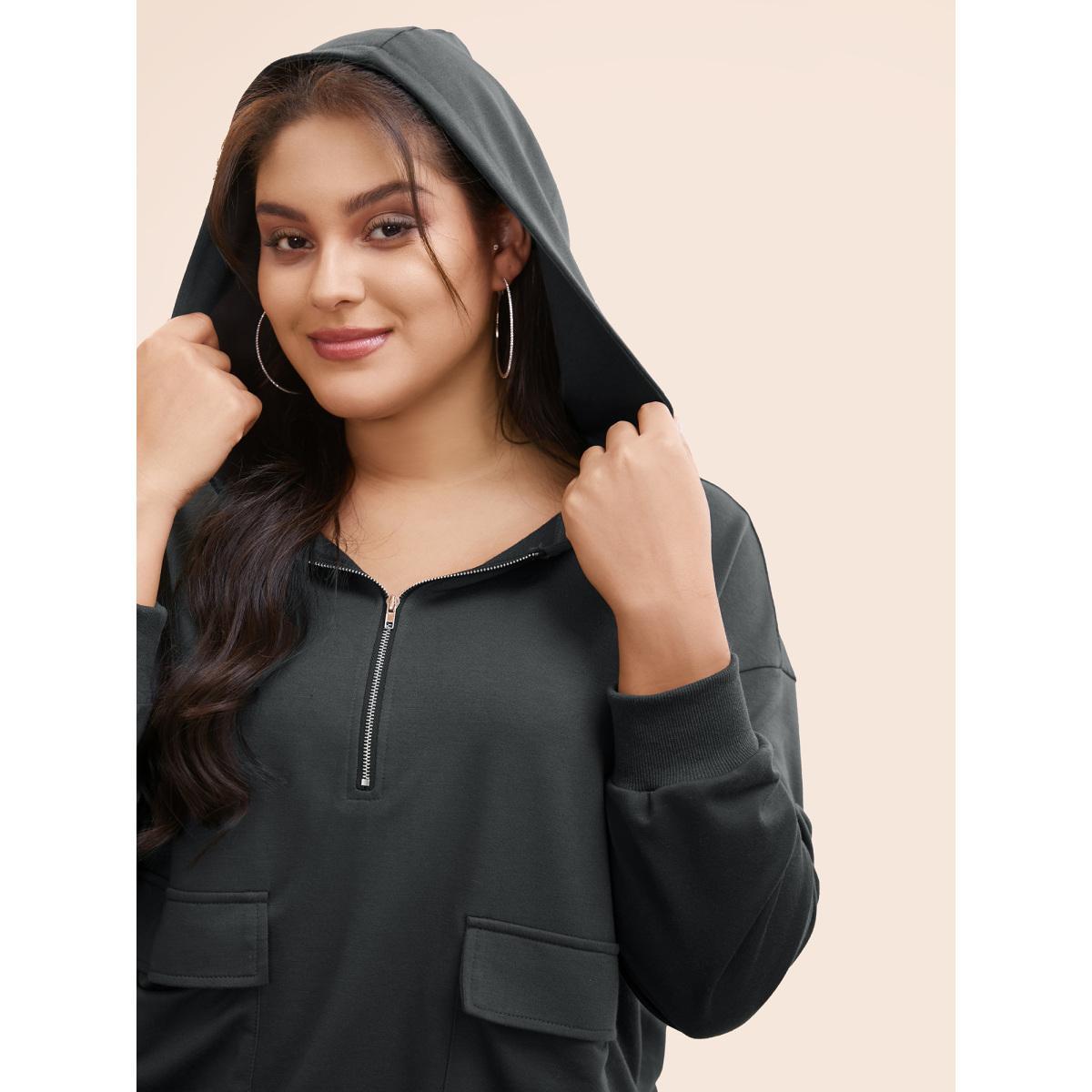 Plus Size Half Zip Hooded Pocket Sweatshirt Women DimGray Casual Patchwork Hooded Everyday Sweatshirts BloomChic 18-20/2X Product Image