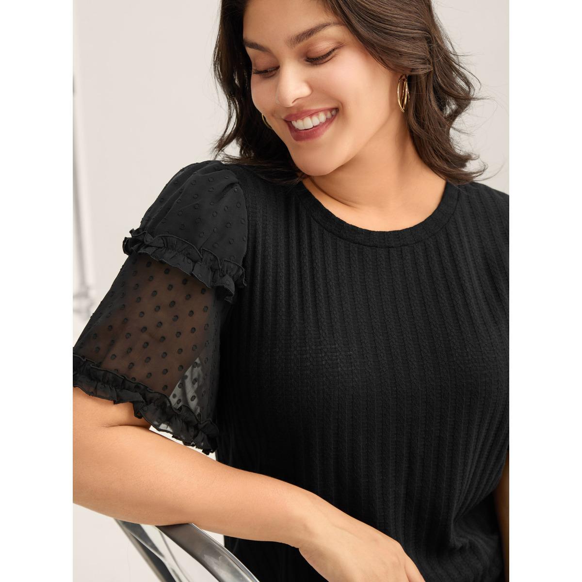 Plus Size Textured Pit Strip Layered Sleeve Sheer T-Shirt Black Women Texture Round Neck Everyday-Casual T-shirts BloomChic 30/6X Product Image