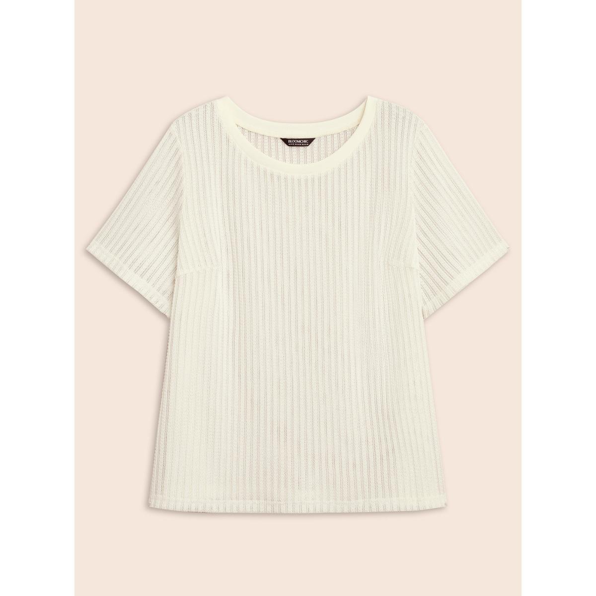Plus Size Round Neck Pointelle Knit T-shirt Beige Women Casual Texture Round Neck Everyday T-shirts BloomChic 30/6X Product Image
