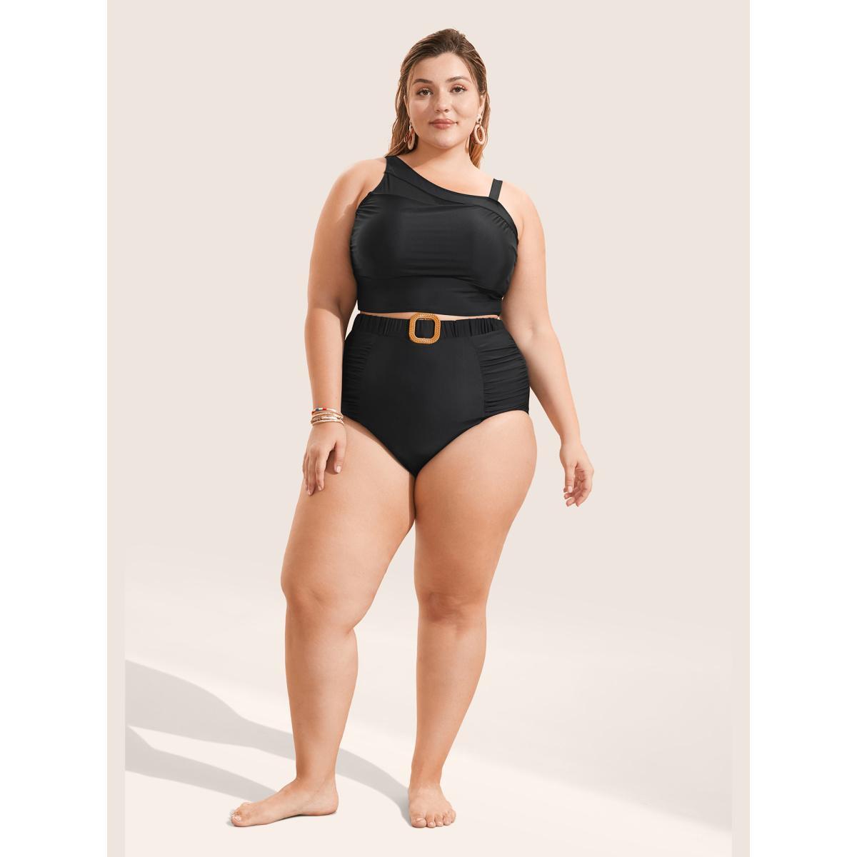 Plus Size Asymmetrical Neck Mesh Patchwork Swim Top Women's Swimwear Black Beach See through High stretch Skinny Asymmetrical Neck Curve Swim Tops BloomChic 18-20/2X Product Image