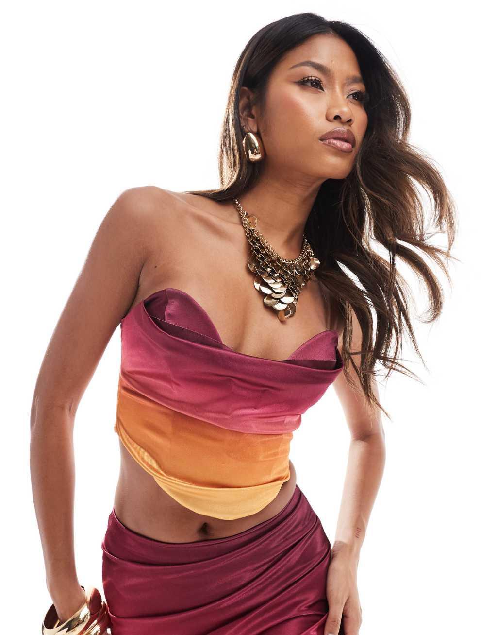ASOS DESIGN satin twill strapless corset top with v bar in ombre - part of a set Product Image