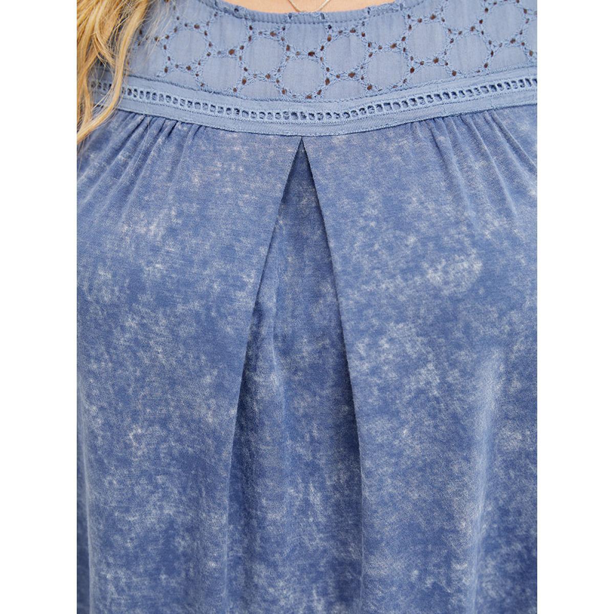 Plus Size Solid Plicated Detail Crochet Lace Tank Top Women Stone Elegant Gathered Round Neck Dailywear Tank Tops Camis BloomChic 10/M Product Image