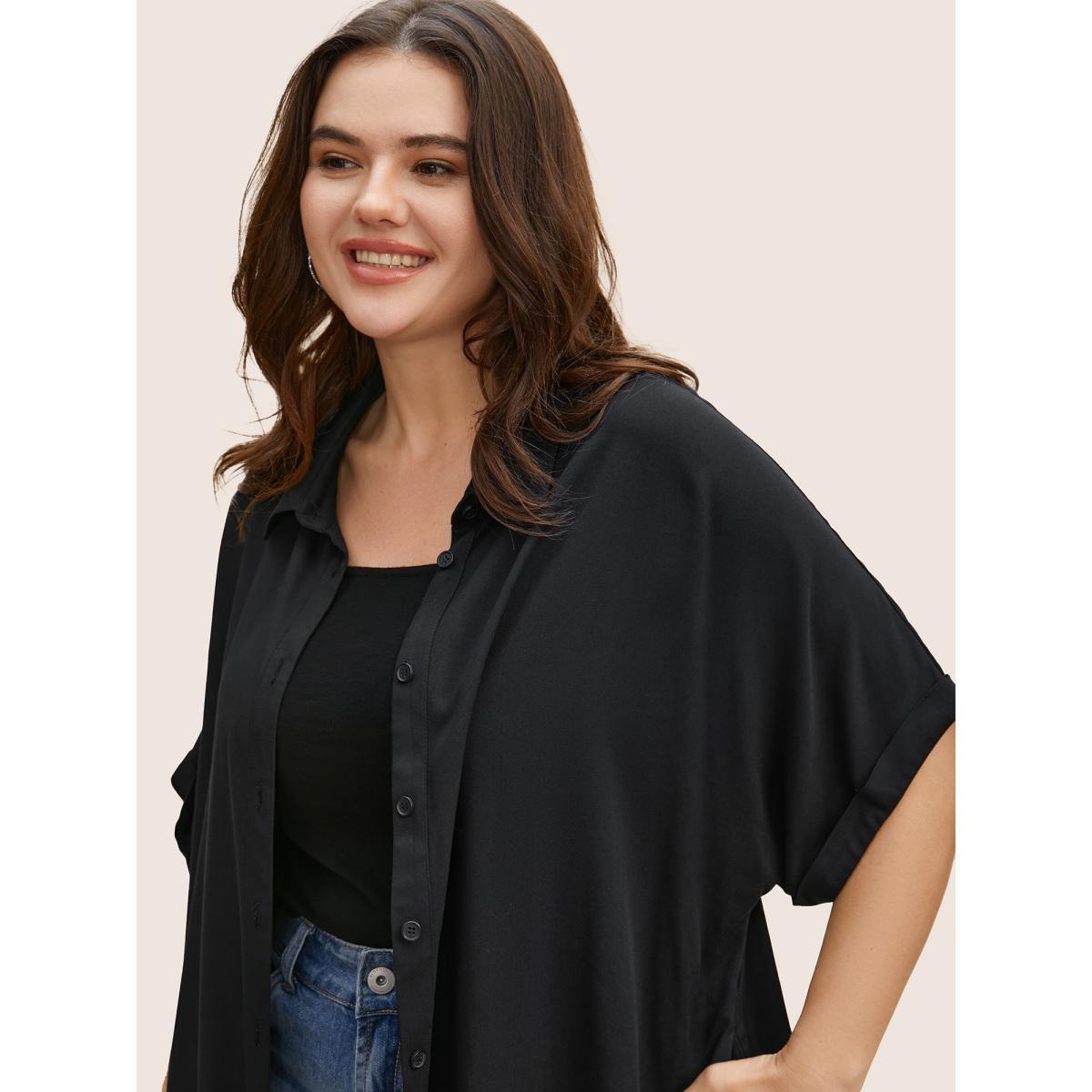 Plus Size Midnight Rayon Shirt Collar Cuffed Sleeve Pocket Blouse Women Casual Short sleeve Shirt collar Everyday Blouses BloomChic 18-20/2X Product Image