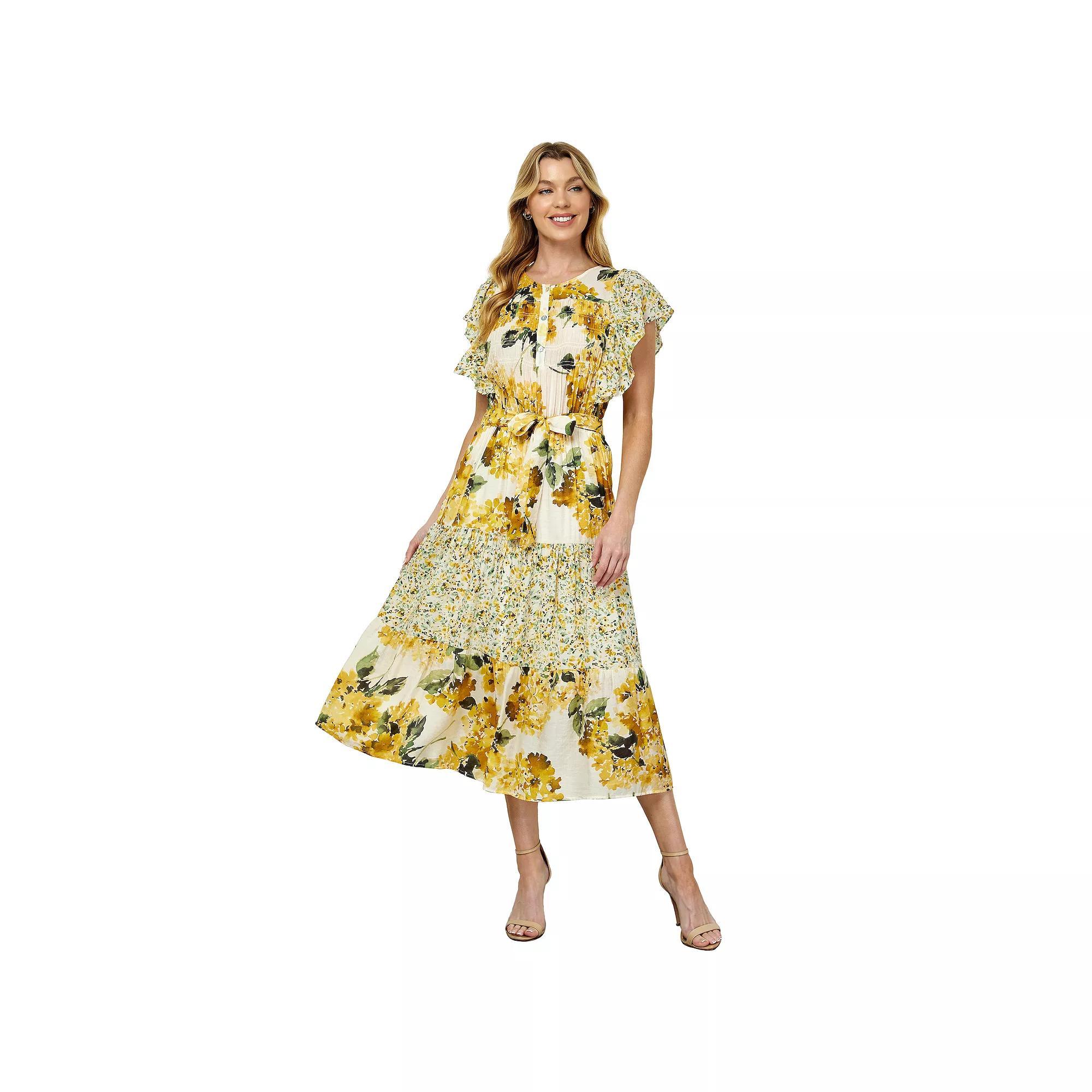 Women's Figueroa & Flower Ruffle Sleeve Midi Dress, Size: Medium, Ivory Gold Product Image