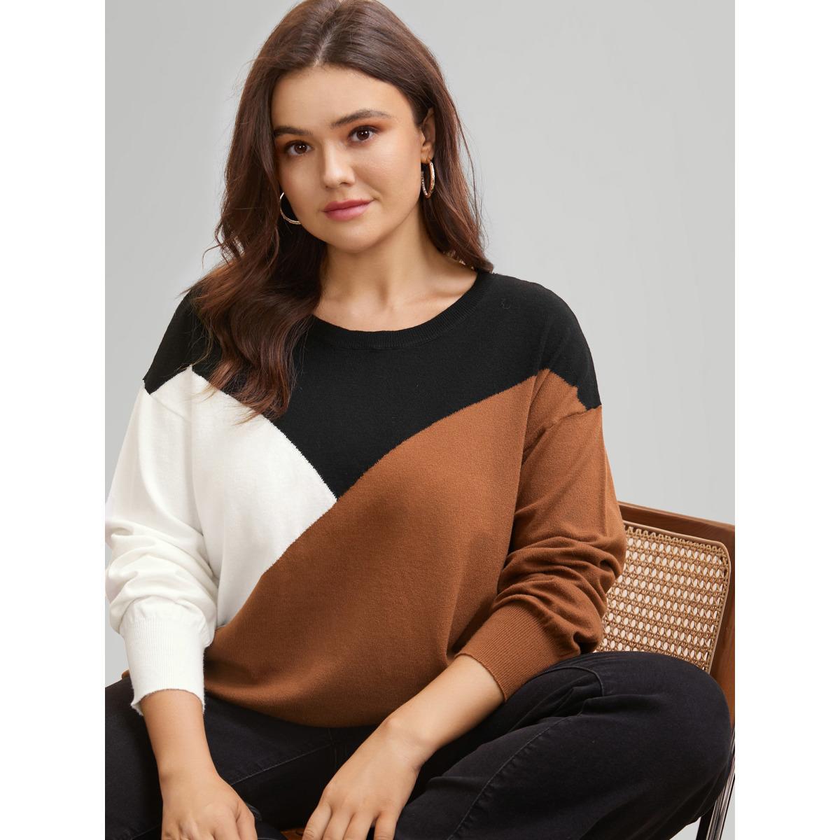 Plus Size Supersoft Essentials Colorblock Contrast Pullover Browncoffeecolor Women Casual Long Sleeve Round Neck Everyday Pullovers BloomChic 22-24/3X Product Image