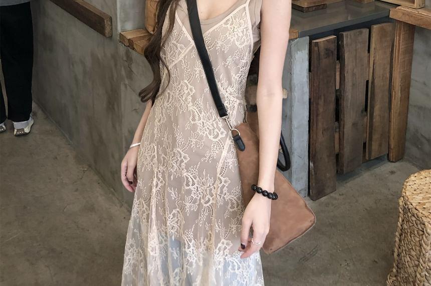 V-Neck Tank Dress / Sleeveless Cover-Up Lace Dress Product Image