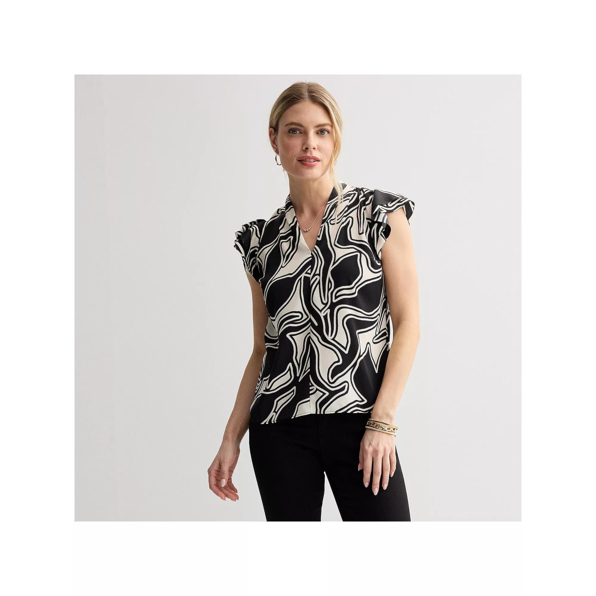 Petite Nine West Flutter Sleeve Satin Blouse, Women's, Size: XS Petite, Black Outline Abstract Product Image