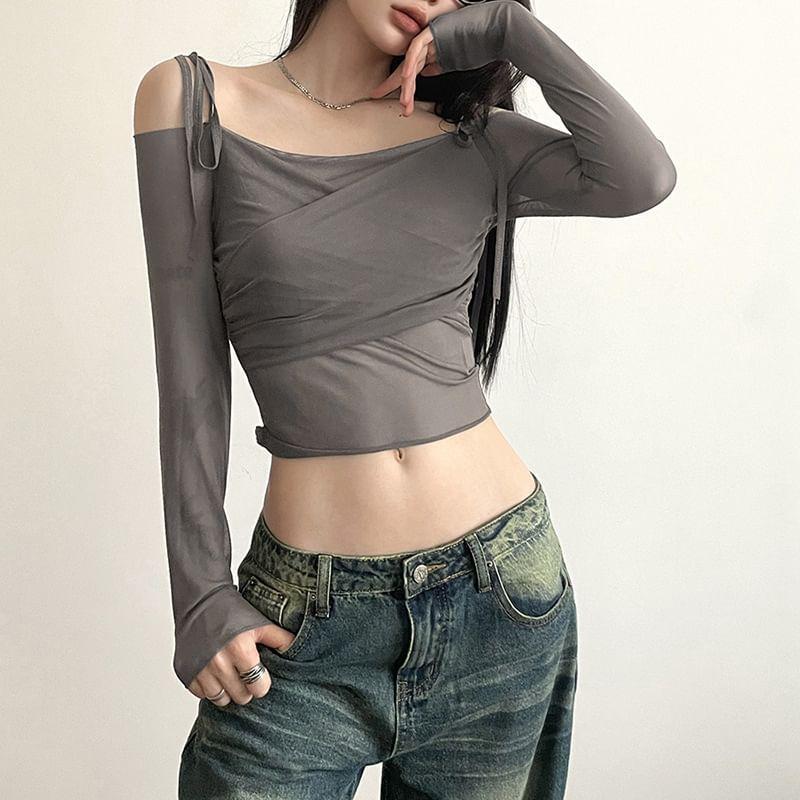 Off Shoulder Long Sleeve Plain Ruched Mesh Panel Crop Top Product Image