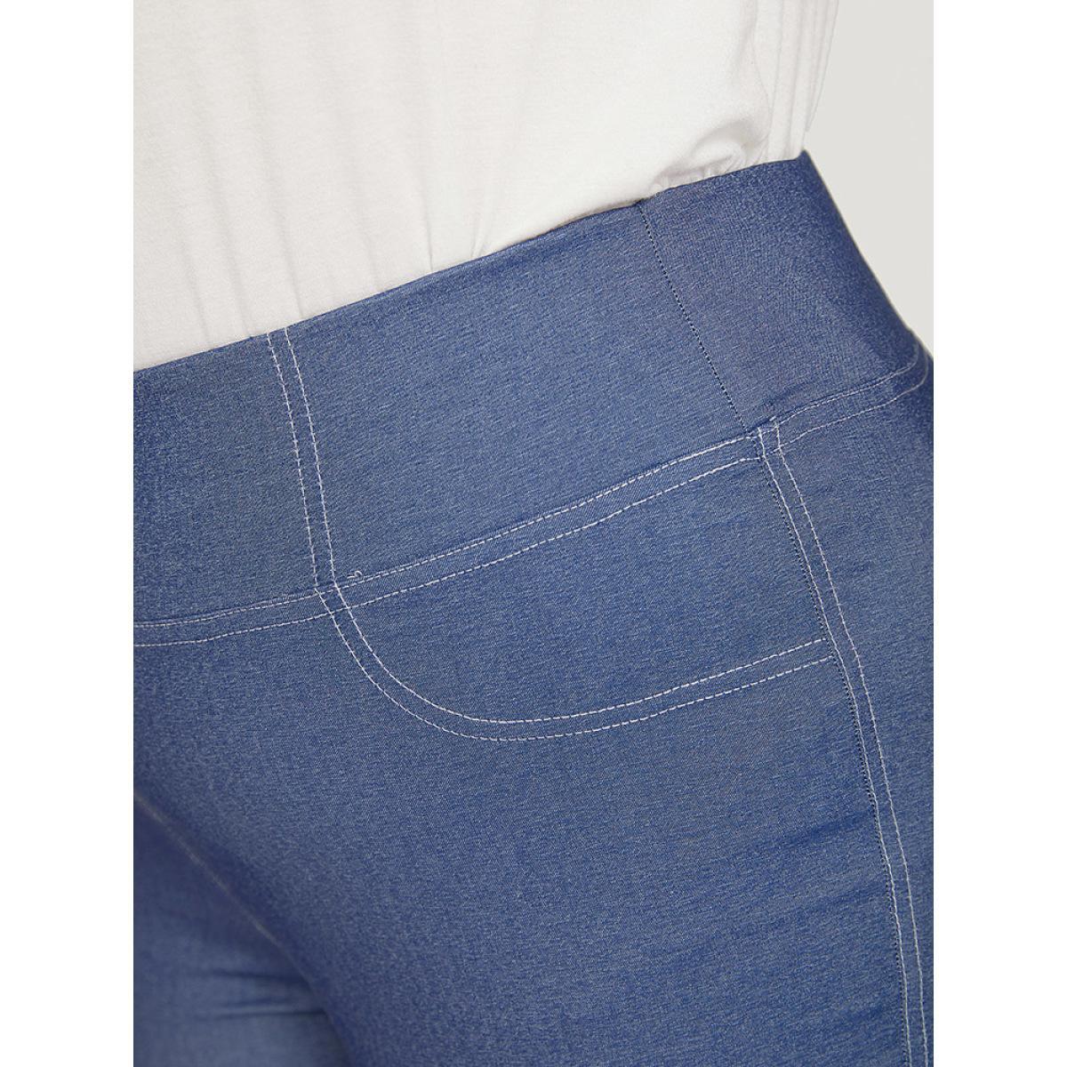 Plus Size Solid Stitch Wideband Waist High Rise Leggings Women Blue Casual High stretch Skinny High Rise Dailywear Leggings BloomChic 28/5X Product Image