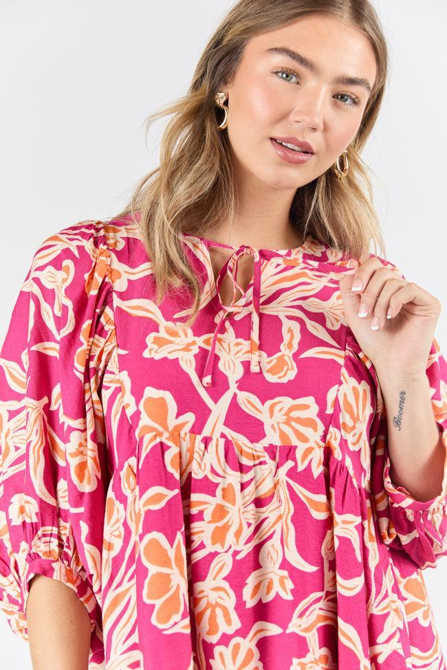 Keep The Flowers Fuchsia Floral Print Long Sleeve Mini Dress FINAL SALE Product Image