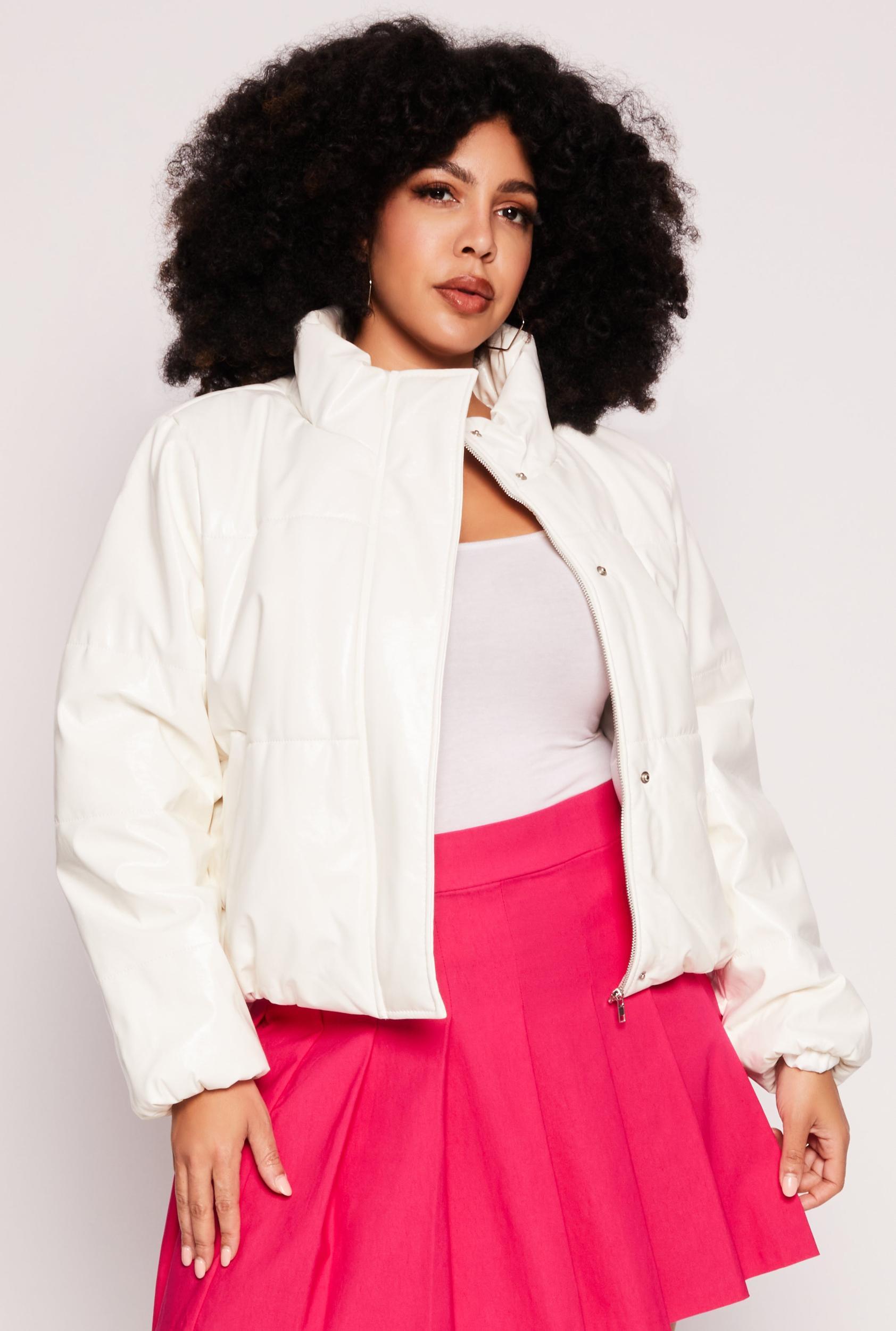 Womens Plus Size Faux Patent Leather Puffer Jacket Product Image