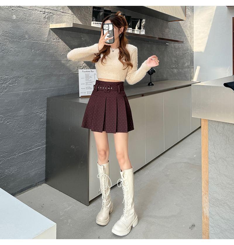 Set: High Waist Dotted Pleated Mini A-Line Skirt + Belt Product Image