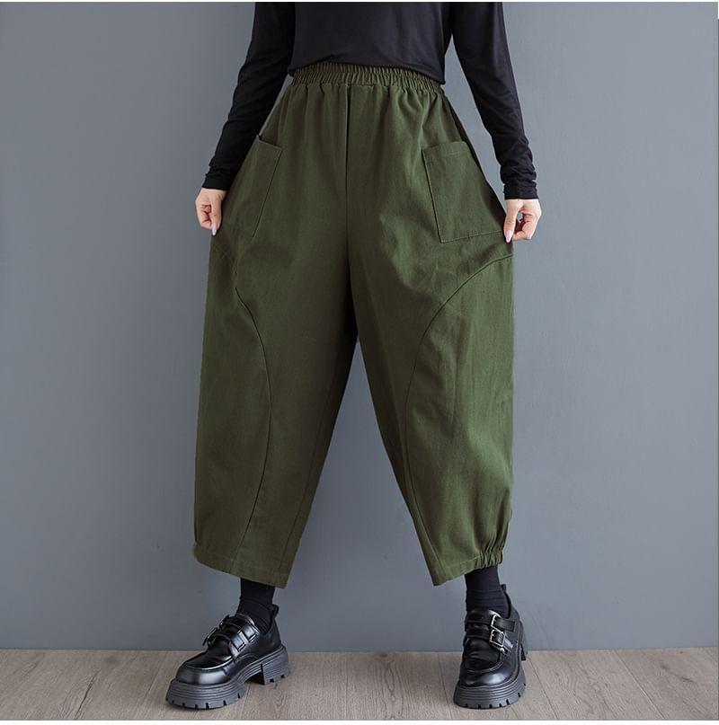 Elastic Waist Plain Cropped Baggy Pants Product Image