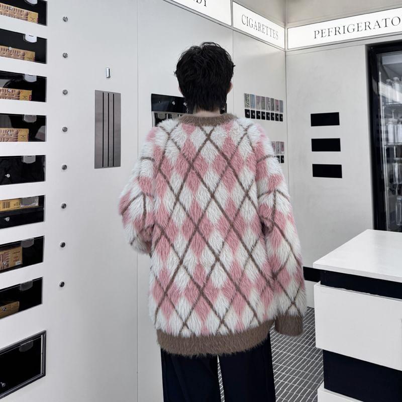 Round Neck Argyle Fluffy Oversized Sweater Product Image