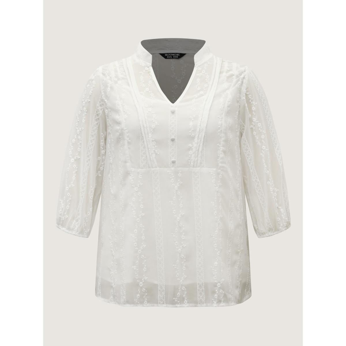 Plus Size Originalwhite Texture Mesh Button Detail Tucked Seam Blouse Women Elegant Elbow-length sleeve V-neck Everyday Blouses BloomChic 12/L Product Image