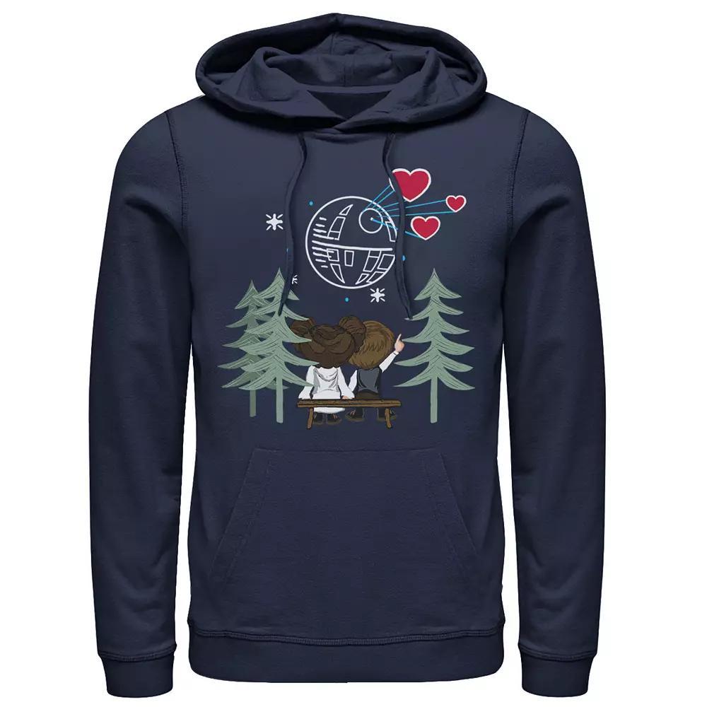Men's Star Wars Han Sola & Princess Leia Death Star Hearts Hoodie, Size: Small, Blue Product Image