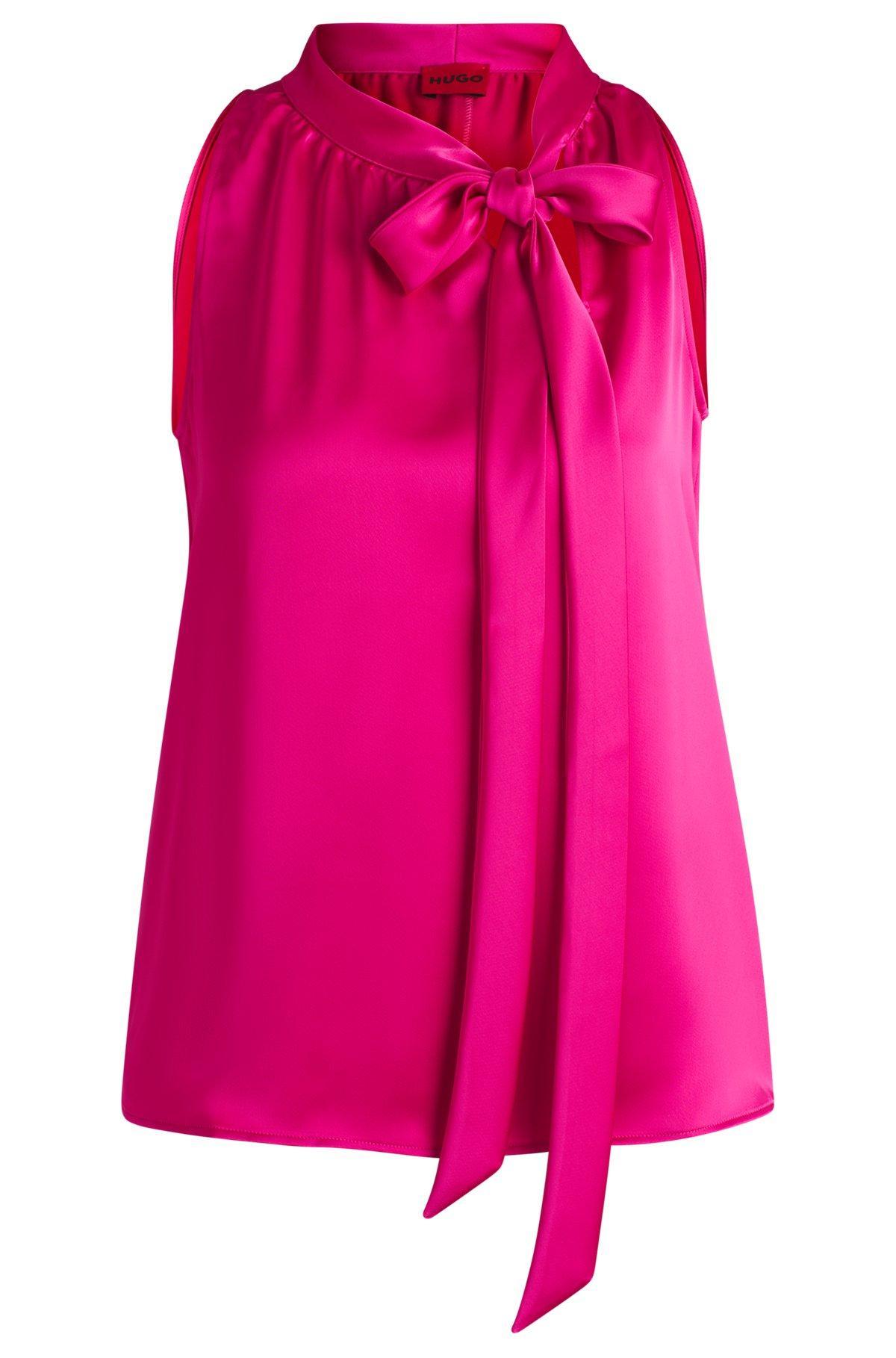 HUGO - Sleeveless top in satin with tie neck - Pink Product Image