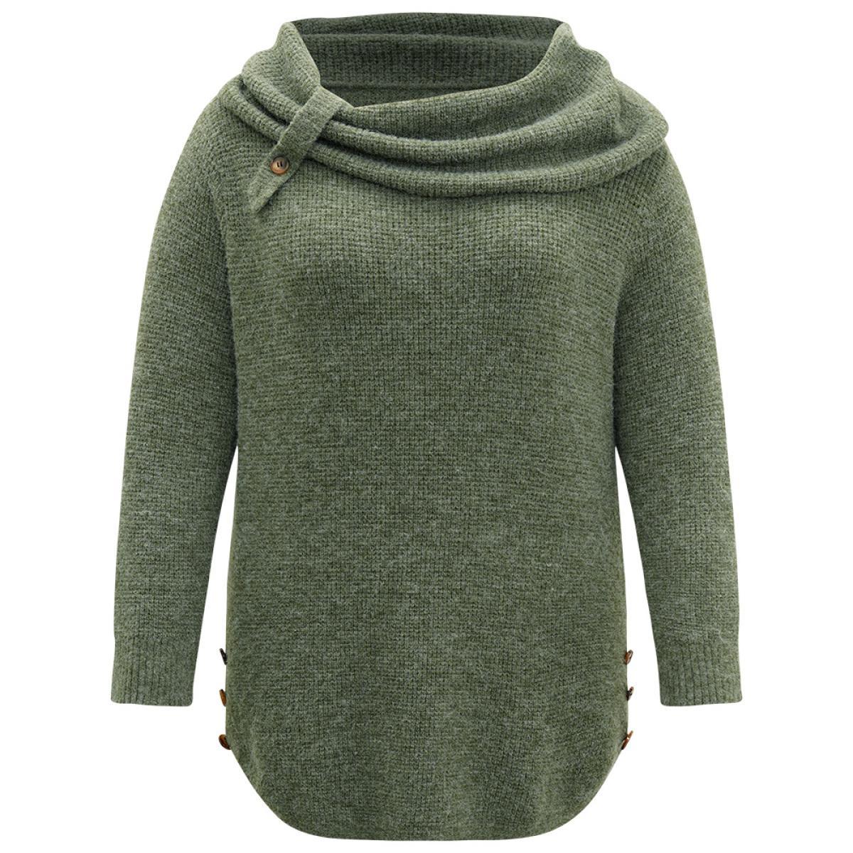 Plus Size Anti-Pilling Lapel Collar Adjustable Button Pullover Moss Women Casual Loose Long Sleeve Lapel Collar Dailywear Pullovers BloomChic 14-16/1X Product Image