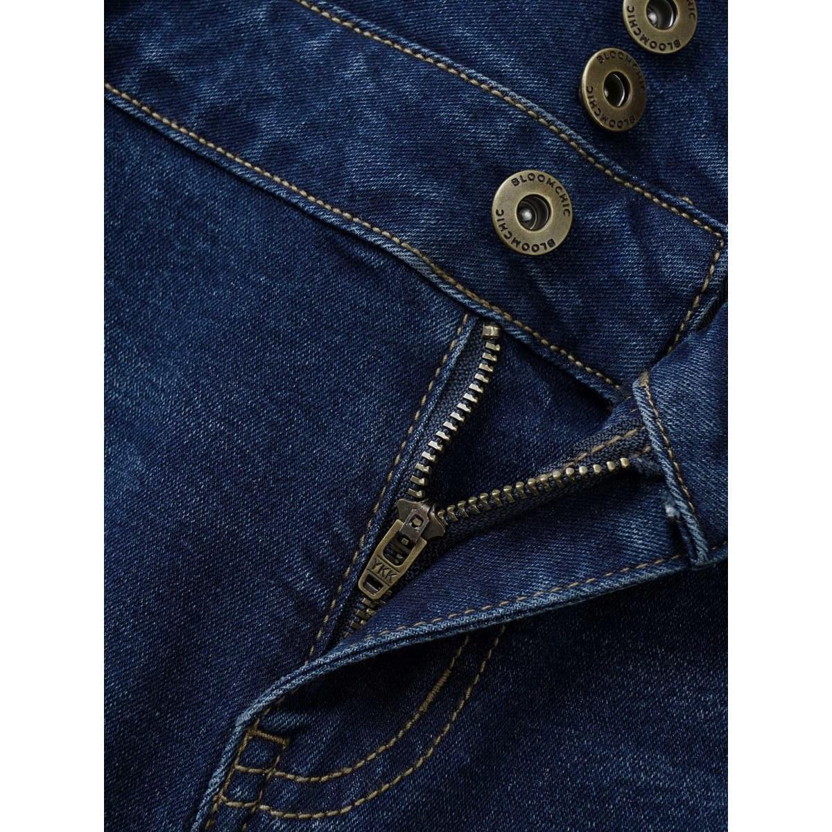Plus Size Buckle Detail Shirred High Rise Jeans Women Indigo Casual Plain Non High stretch Slanted pocket Jeans BloomChic 10/M Product Image