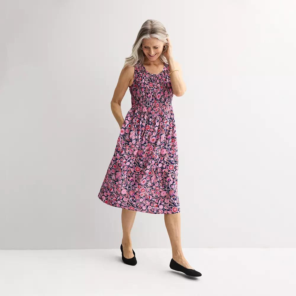 Womens Croft & Barrow Smocked Midi Dress Blue Red Floral Vine Product Image