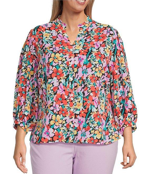 Calessa Plus Size Floral Split V-Neck 3/4 Sleeve Button Front Tunic Product Image